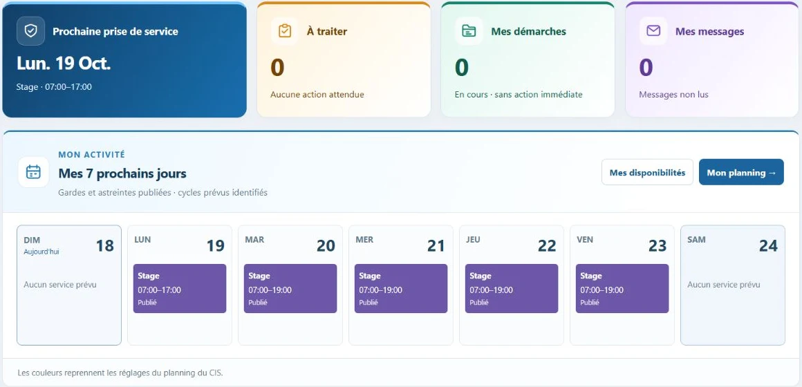 Accueil Cismic : prochaine prise de service, actions attendues, démarches, messages et calendrier personnel