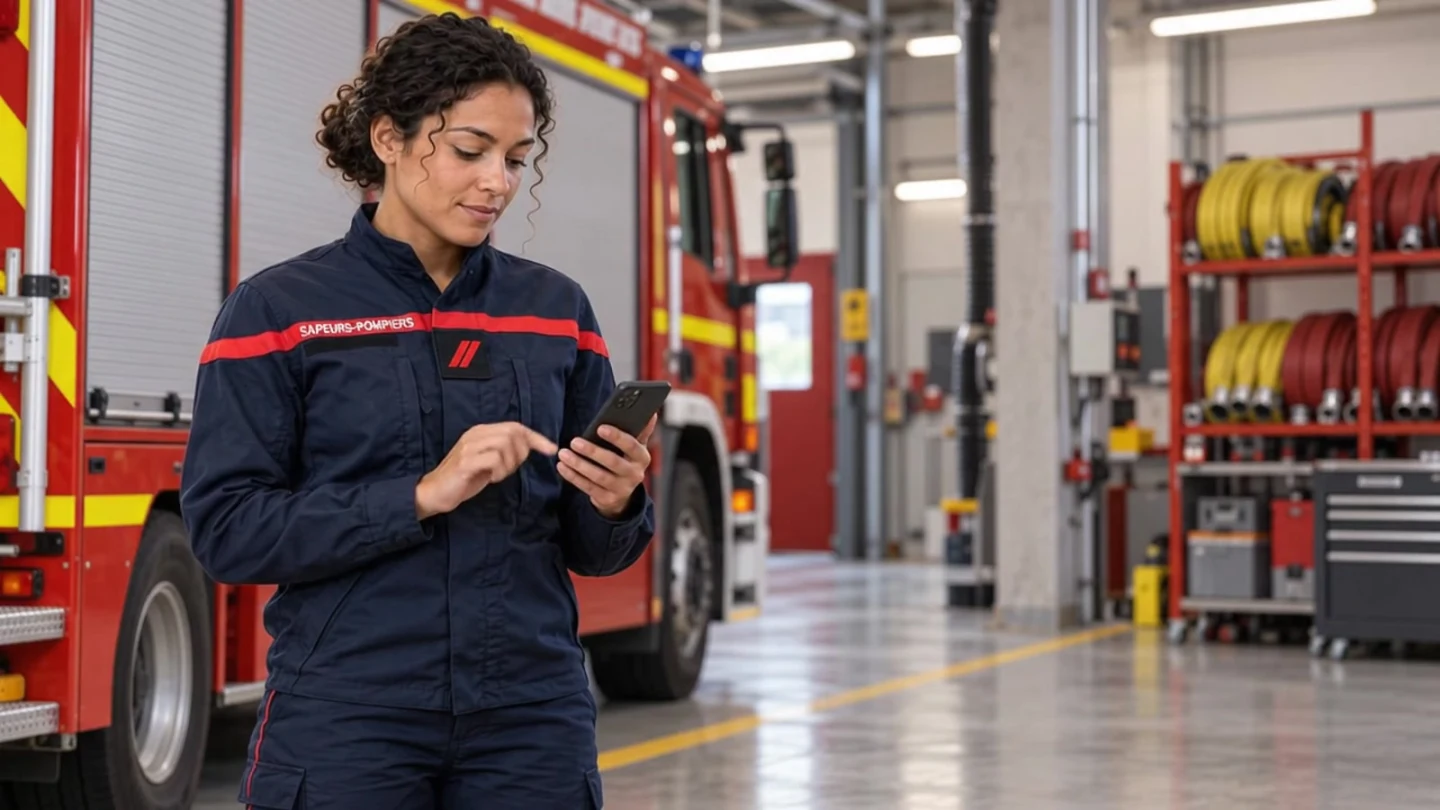 Une sapeuse-pompière en tenue de service consulte son téléphone dans la remise de sa caserne, scène du film Cismic