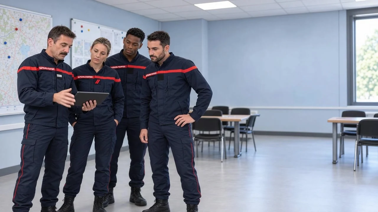 Un chef de garde et son équipe en tenue de service partagent les informations sur une tablette dans la caserne, scène du film Cismic